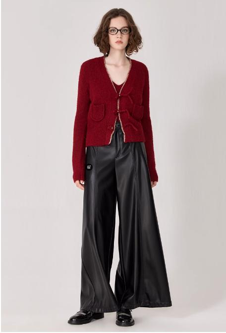 D63红色毛衣宽松休闲V领针织开衫（配背心） 商品图1