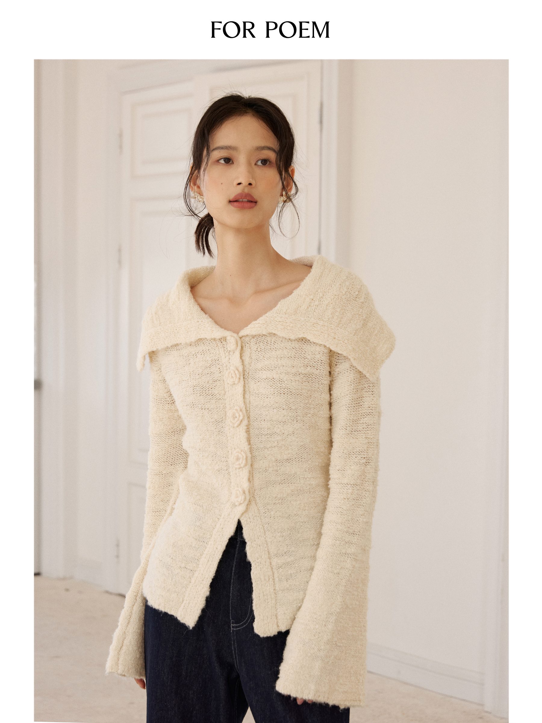 ForPoem 现货 25/SS原创设计大翻领立体花羊毛肌理针织上衣