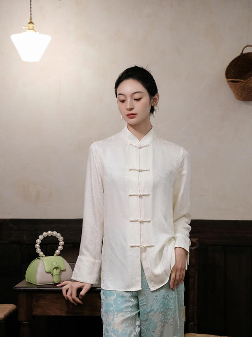 盛唐婧 |真丝花罗百搭对襟衬衫-白色 商品图2