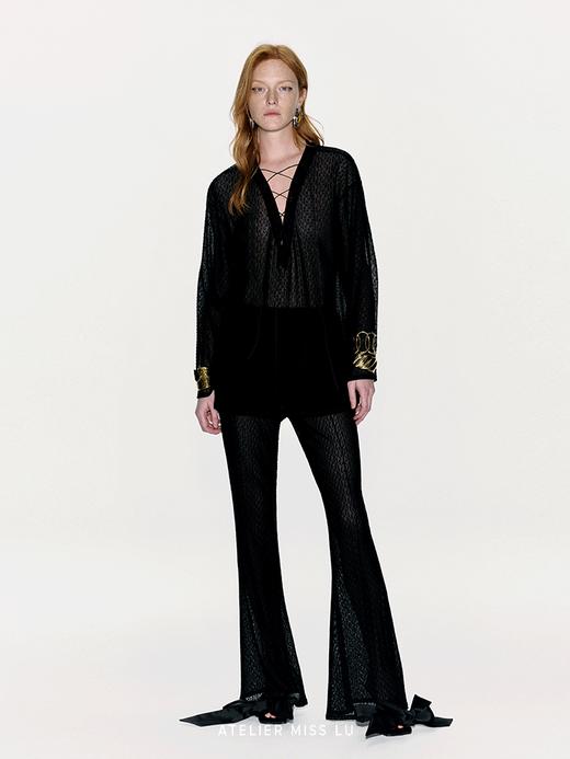 【都柏林狂欢】品牌LOGO植绒设计透视交叉绑带上衣 商品图0