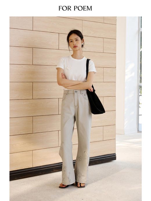 ForPoem 现货 25/SS原创设计明线装饰白描线条印花弯刀休闲裤 商品图3