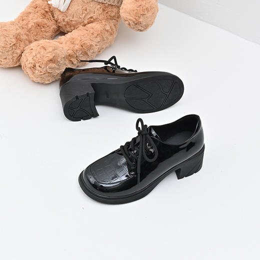 经典鲨女鞋2025年春季新款百搭黑色圆头系带中粗跟单鞋小皮鞋KC19-517011 商品图4