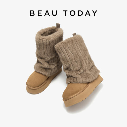BeauToday 牛猄仿水貂毛 厚底增高雪地靴 堆堆靴[双色可选]08305 商品图3