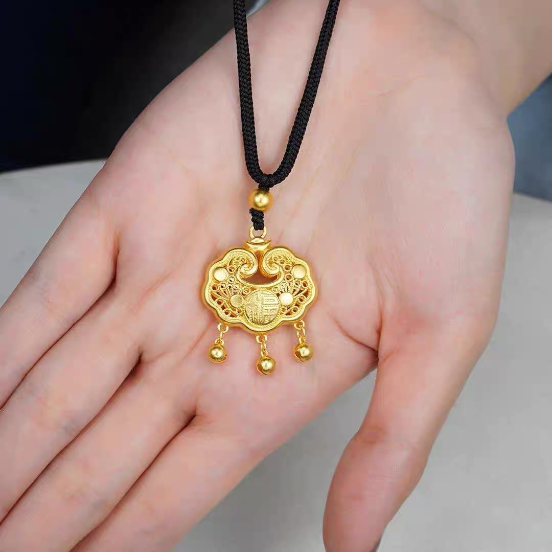 钻石豪门足金999古法花丝黄金福字平安锁女吊坠宝宝编绳小元宝锁 p