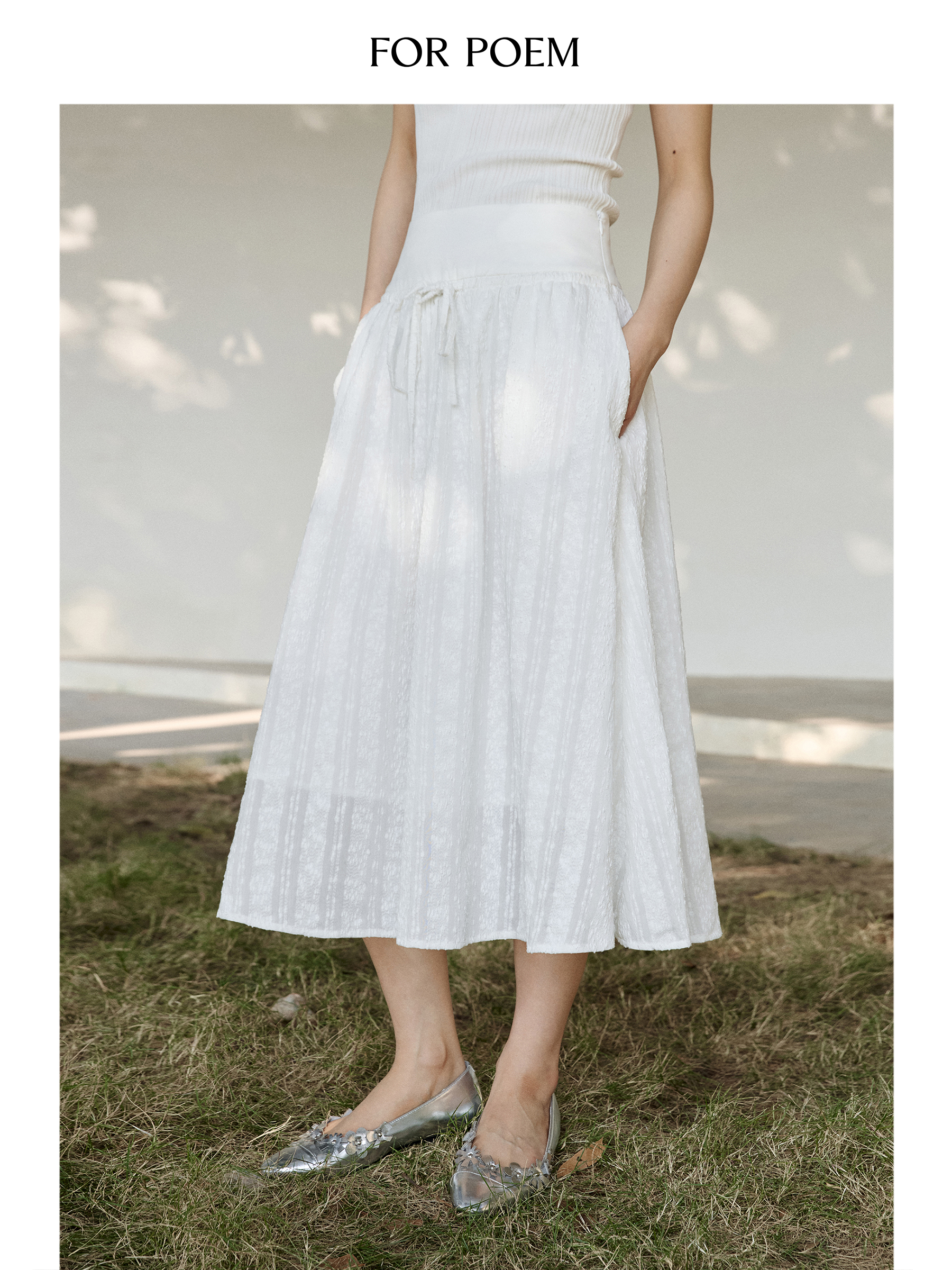 ForPoem 现货 25/SS原创设计拼接腰头肌理面料A摆半身裙