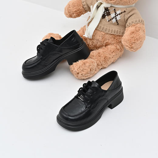 经典鲨女鞋2025年春季新款百搭圆头中粗跟黑色系带单鞋小皮鞋KW233-517011 商品图3