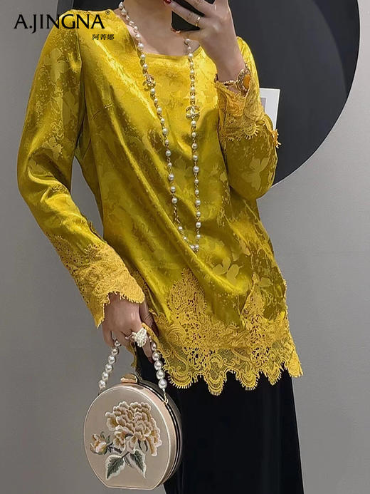 【特价不退换】阿菁娜轻国风提花蕾丝拼接小衫F30C202019 商品图2