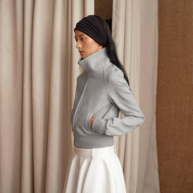 NUTH修身短款拉链卫衣高领百搭卫衣外套女 花灰色/白色