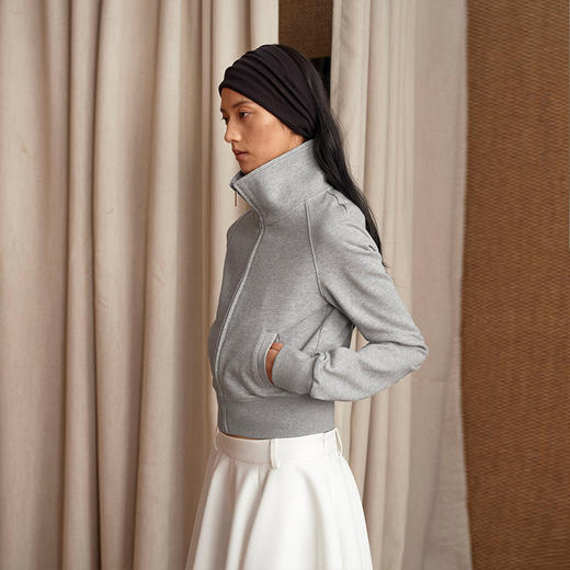 NUTH修身短款拉链卫衣高领百搭卫衣外套女 花灰色/白色 商品图0