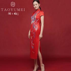 3楼 陶玉梅新款缎面长旗袍重工绣花婚庆新娘宴会装短袖开衩181Q122S【婚礼纪】