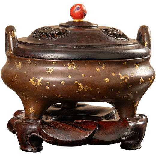 清 铜点金三足冲天耳香炉（红木盖座） 商品图5