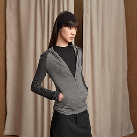 NUTH 连帽条纹长袖撞色修身针织开衫女 黑灰条纹/杏棕条纹