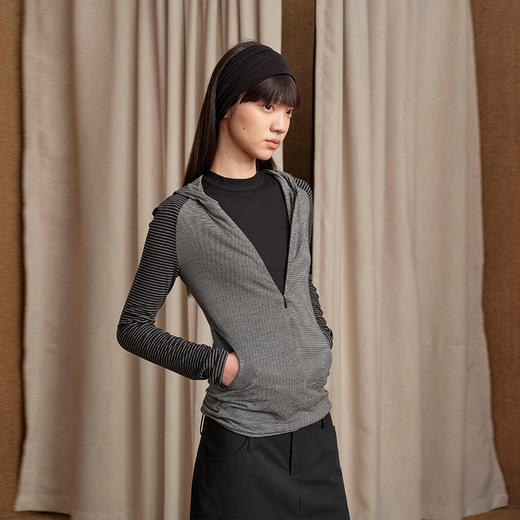 NUTH 连帽条纹长袖撞色修身针织开衫女 黑灰条纹/杏棕条纹 商品图0