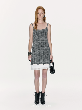 【暮色沙滩】一字蝴蝶结拼接小香风吊带连衣裙