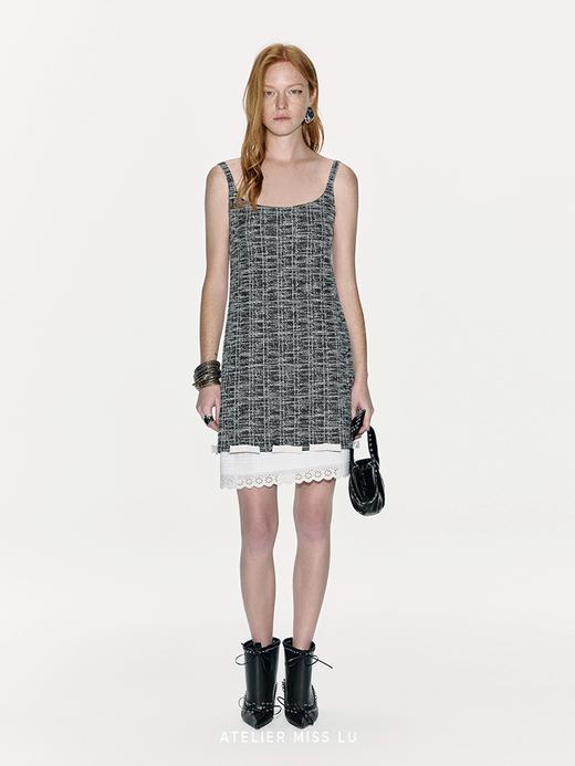 【暮色沙滩】一字蝴蝶结拼接小香风吊带连衣裙 商品图0