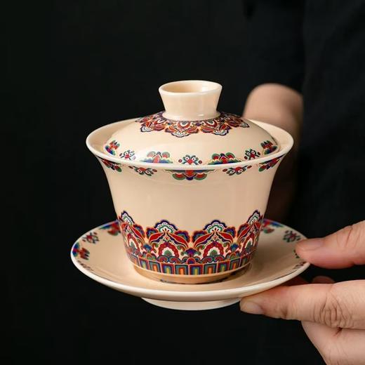 【敦煌宝相花可悬停盖碗茶杯】敦煌可悬停茶杯家用单个高档茶具 陶瓷泡茶碗带盖 商品图1