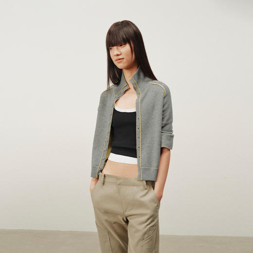 NUTH 正反两穿撞色针织开衫毛衣喇叭袖针织衫女蓝灰拼色 商品图3