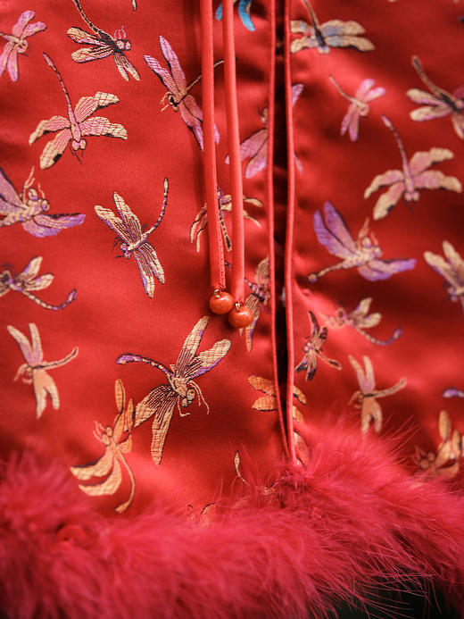 盛唐牡丹| 儿童系列|Kids 织锦缎鸵鸟毛上衣-红色 商品图4