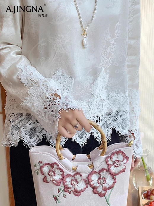 【特价不退换】阿菁娜轻国风提花蕾丝拼接小衫F30C202019 商品图4