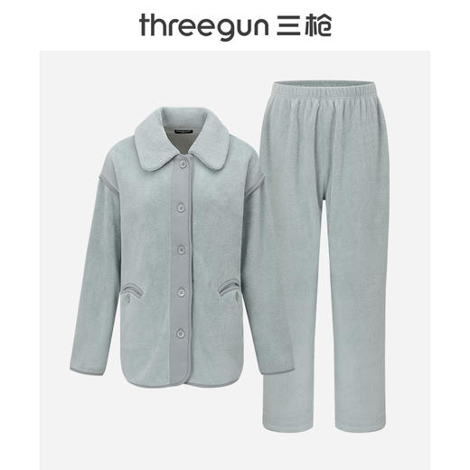 Threegun三枪 杨梅绒拼色翻领开襟女家居套-82380D011 商品图1
