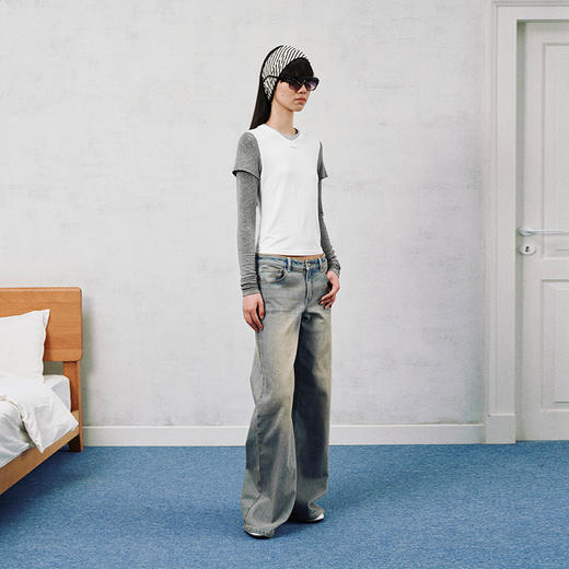 NUTH 亲肤裸感假两件撞色针织叠穿长袖T恤打底衫 黑红灰/灰白色 商品图3