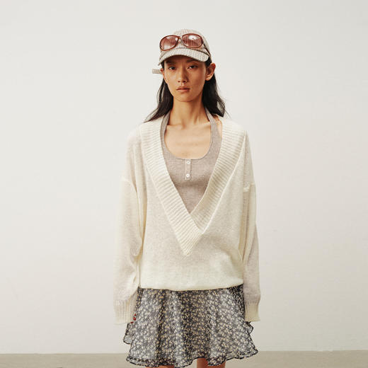 NUTH 假两件宽松深V领毛衣针织衫女 灰色/米白色（发货时间同步天猫） 商品图6