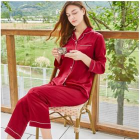 3楼 美标枣红色重磅桑蚕丝纯色长袖家居服婚庆 220326【婚礼纪】