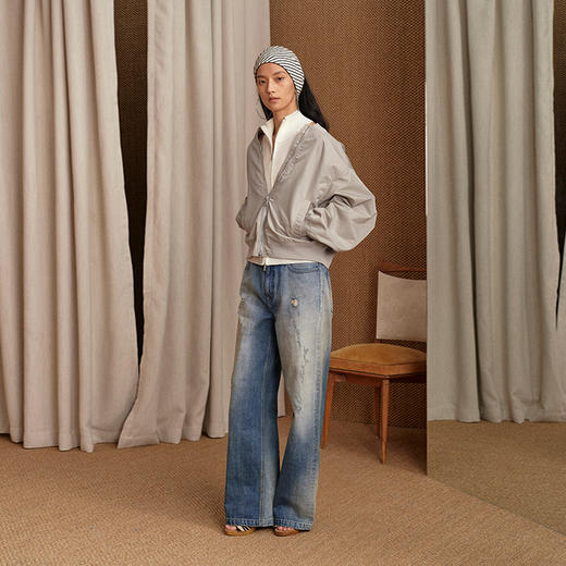 NUTH 宽松短款bomber夹克后拉链廓形外套女 浅灰豆绿 商品图8