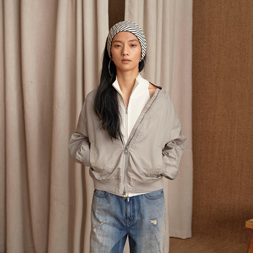 NUTH 宽松短款bomber夹克后拉链廓形外套女 浅灰豆绿 商品图4