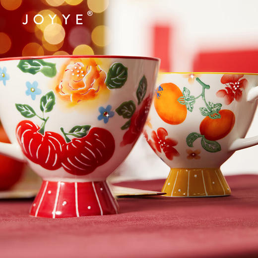 【专柜多样屋】JOYYE福果满园马克杯带勺高脚杯釉下彩手绘春节新春礼物 金柿-【单杯礼盒】 230ml 商品图5