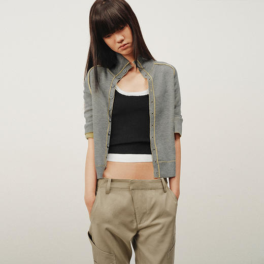 NUTH 正反两穿撞色针织开衫毛衣喇叭袖针织衫女黄灰拼色 商品图0