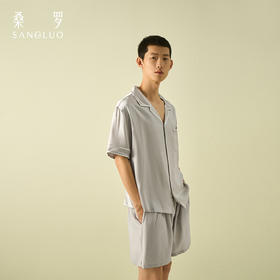 睡衣送男友』桑罗灰色翻领短袖套装男2025年春夏新品简约休闲
