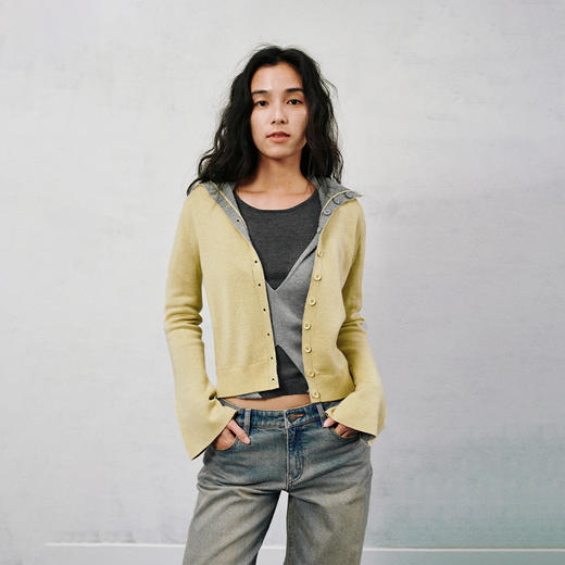 NUTH 正反两穿撞色针织开衫毛衣喇叭袖针织衫女黄灰拼色 商品图1