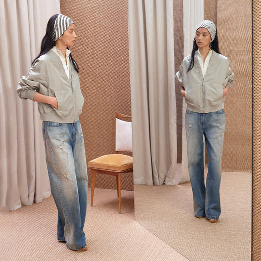 NUTH 宽松短款bomber夹克后拉链廓形外套女 浅灰豆绿 商品图2