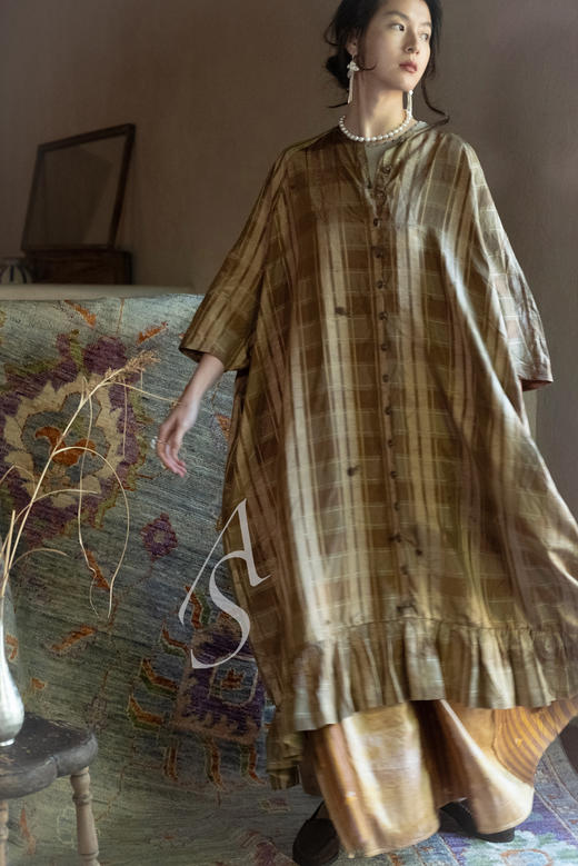 Mutedance 铜金色格纹褶边真丝连衣裙 商品图2