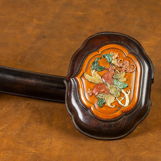 清 红木镶黄杨木百宝嵌多子多福多寿三多图如意 商品图1