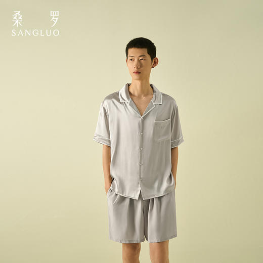 睡衣送男友』桑罗灰色翻领短袖套装男2025年春夏新品简约休闲 商品图4