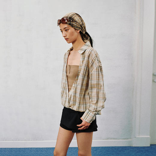 NUTH 复古拼接假两件格纹短款V领长袖衬衫外套女 商品图1
