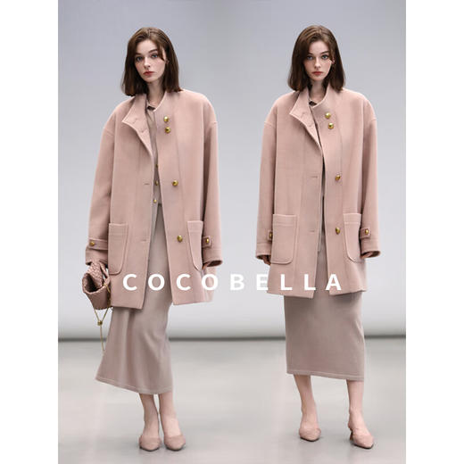 COCOBELLA气质粉温柔风毛呢外套质感金属扣中长款大衣WL7063-2 商品图2