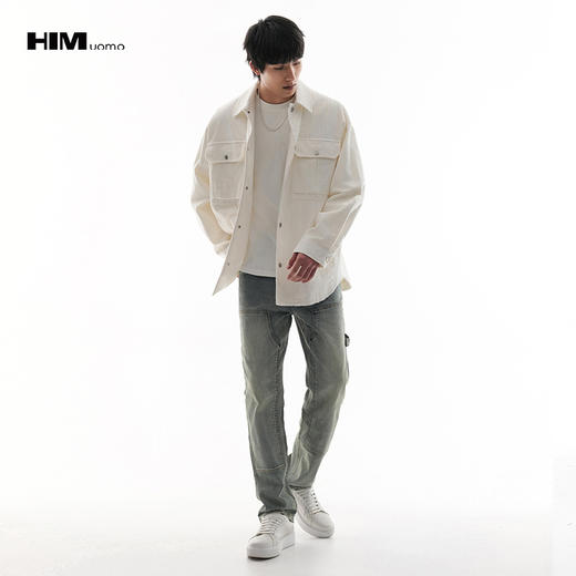 HIM漢崇  简约复古工装衬衫男大口袋做旧剪边下摆休闲长袖2025秋季 商品图1