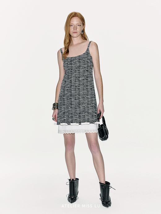 【暮色沙滩】一字蝴蝶结拼接小香风吊带连衣裙 商品图1