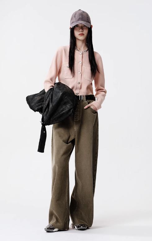 D63新品粉色圆领休闲宽松短款长袖针织开衫外套 商品图0