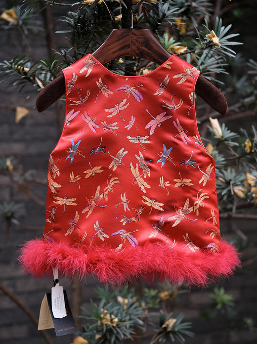 盛唐牡丹| 儿童系列|Kids 织锦缎鸵鸟毛上衣-红色 商品图6