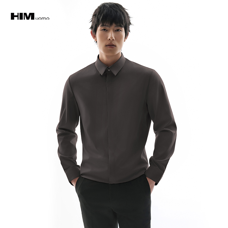 HIM漢崇  暗钮门襟长袖衬衫男职场通勤商务正装易打理衬衣2025秋季