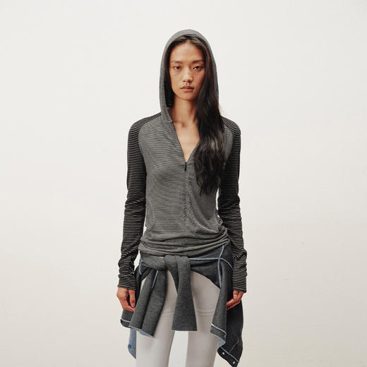 NUTH 连帽条纹长袖撞色修身针织开衫女 黑灰条纹/杏棕条纹 商品图1