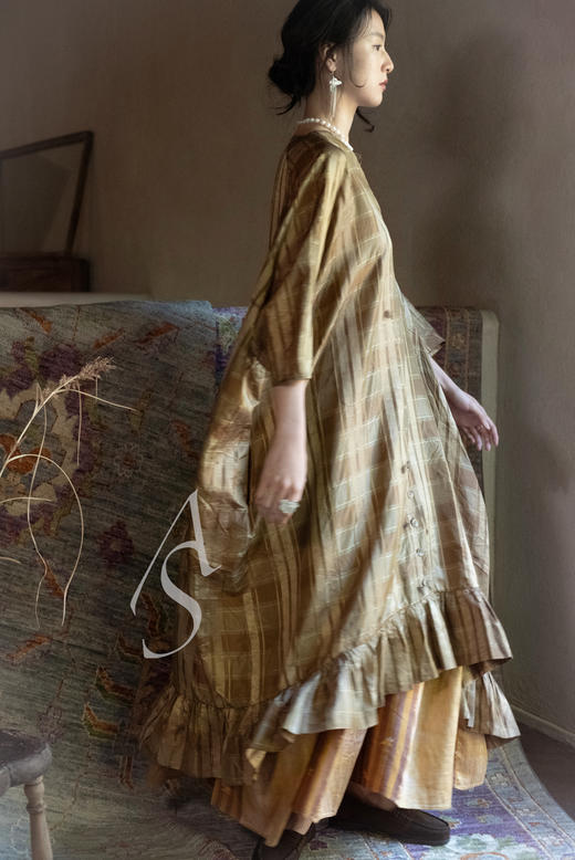 Mutedance 铜金色格纹褶边真丝连衣裙 商品图1