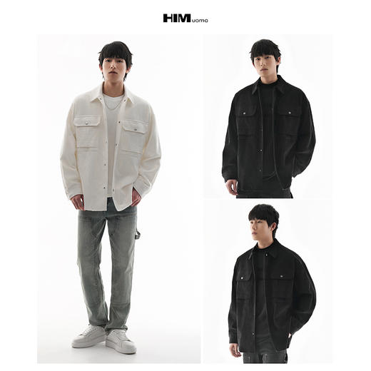 HIM漢崇  简约复古工装衬衫男大口袋做旧剪边下摆休闲长袖2025秋季 商品图3