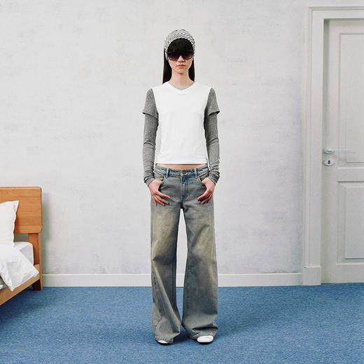 NUTH 亲肤裸感假两件撞色针织叠穿长袖T恤打底衫 黑红灰/灰白色 商品图1