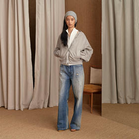 NUTH 宽松短款bomber夹克后拉链廓形外套女 浅灰豆绿