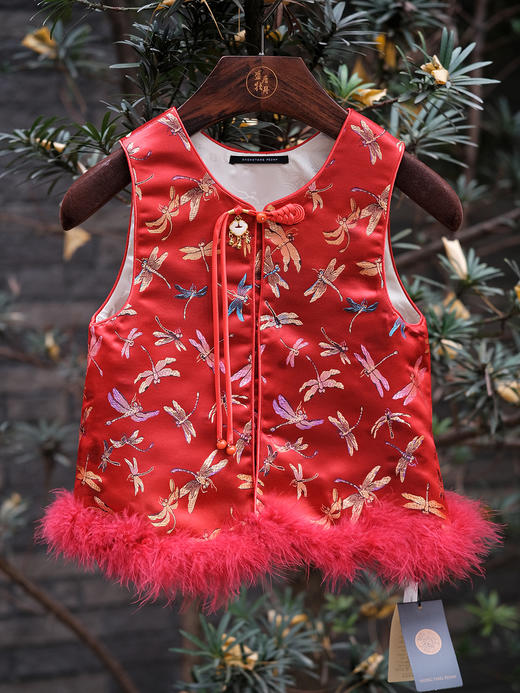 盛唐牡丹| 儿童系列|Kids 织锦缎鸵鸟毛上衣-红色 商品图0